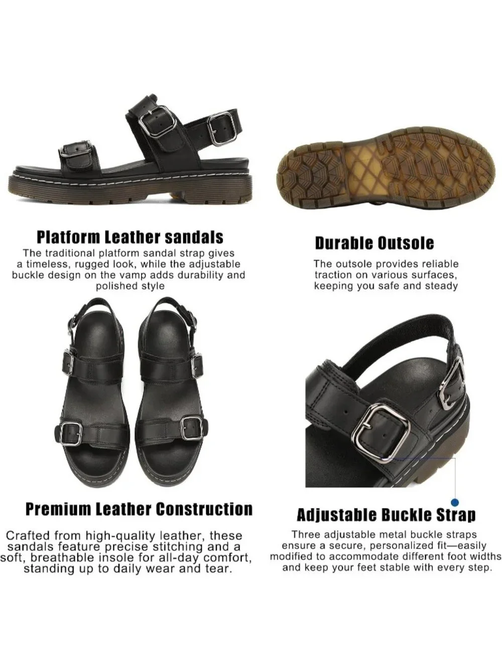 Women's Black Adjustable Double Strap Cute Chunky Footbed Platform Sandal Shoes